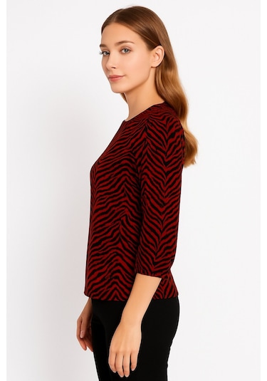Kadın Bisiklet Yaka Esnek Desenli Spor Şık Truvakar Kol Bluz Bordo