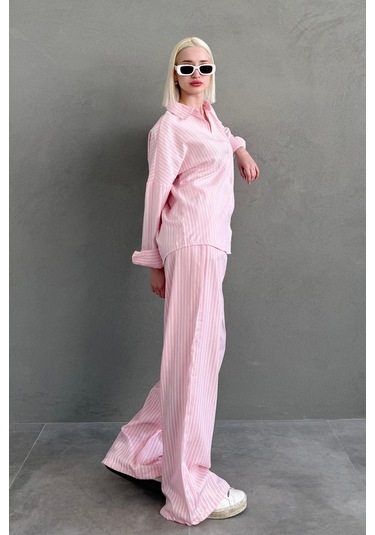 Madmext Pembe Çizgili Gömlek Pantolon Kadın Takım Mg2457 Pembe