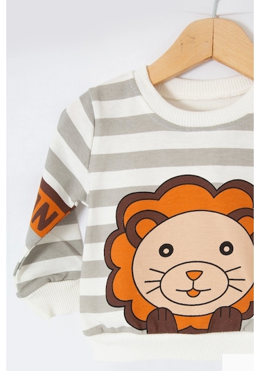 Aslan Desenli 2'li % 100 Pamuk Erkek Bebek Takımı Renkli Gri