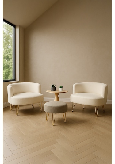 Elegance 2'li Çay Seti Berjer Ve Puf Takımı Beyaz