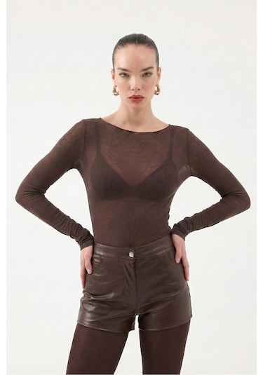Holly Lolly Kayık Yaka Ultra Soft Nikki Kaşmir Bluz Kahve