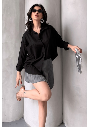 Paw Garage Kadın Harper Çift Cepli Oversize Keten Gömlek, 2025 Summer Collection Siyah