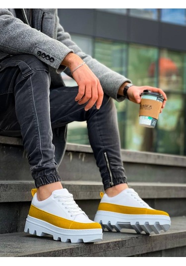 Kb-056 Kuback Beyaz Sarı Detaylı Beyaz Yüksek Taban Günlük Spor Ayakkabı Beyaz