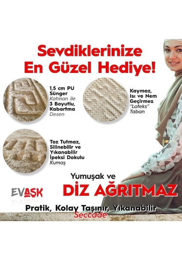 Evaşk Seccade,Diz Ağrıtmayan Kadife Kabartma Kaymaz Namazlık