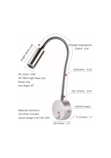 Besthome1 3w Led Duvar Lambası, Esnek Anahtar, Alüminyum Kasa, 7.5cm Çap X 29cm Boy, Siyah Siyah
