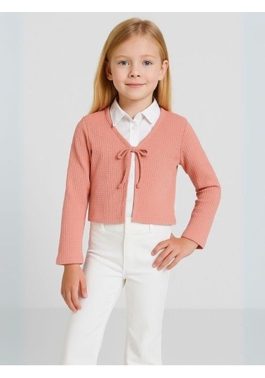 Kız Çocuk Mevsimlik Örme Bağlamalı Hırka-16070 Somon