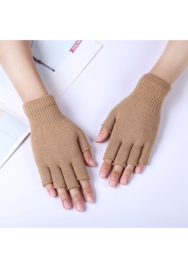 1 Çift Unisex Siyah Yarım Parmak Parmaksız Eldiven Kadın Ve Erkekler İçin Yün Örme Bilekli Pamuklu Eldivenler Sıcak Kış İş Eldivenleri Haki