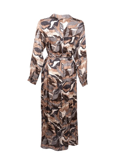 Büyük Beden Desenli Kuşaklı Jakar Elbise Gala-xi Kahverengi