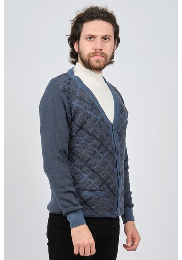 Çizgi Triko Erkek Cep Detaylı Desenli Hırka 42534235 Mavi-Mavi