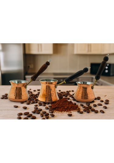 Ludıa Otantik İşlemeli 3 Adet El Yapımı Eskitme Bakır Cezve Set
