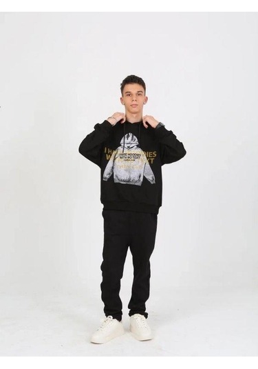 Erkek Çocuk Kapüşonlu Not Hoodies Yazılı Sweatshirt-15230 Siyah