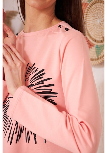 Darlin Moda Pudra Baskılı Düğme Detaylı Tunik DM60346 Çok Renkli