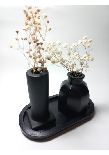 Tabaklı Dekoratif İkili Vazo Set Siyah Siyah