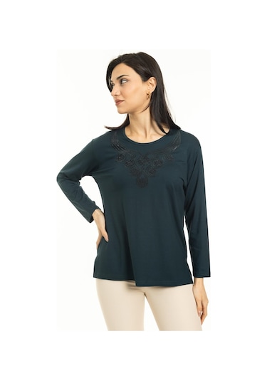 Kadın Orta Yaş Ve Üzeri Yeni Model Yuvarlak Yaka Likralı Anne Penye Bluz 30550-Yeşil