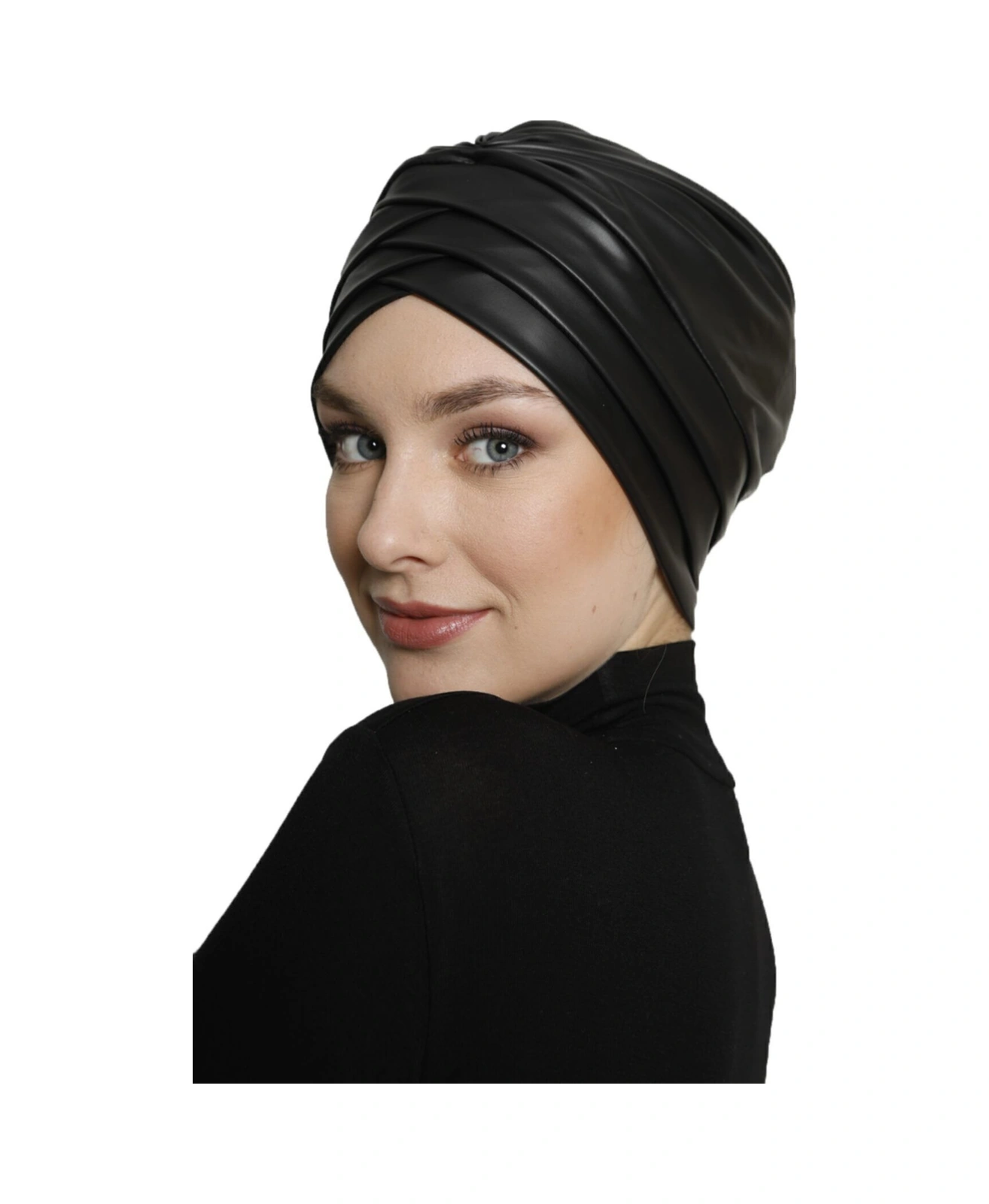 Üç Bantlı Deri Siyah Astarlı Hazır Türban Tesettür Bone Siyah