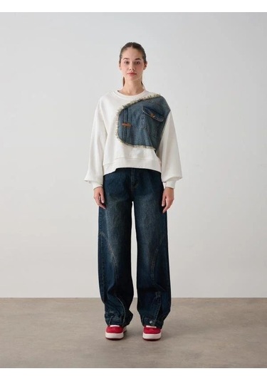 Kız Çocuk Mevsimlik Önü Denim Garni Cepli 3 İplik Sweatshirt-14773 Ekru