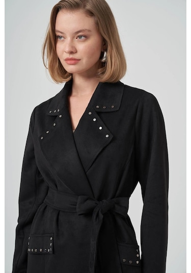 Nuss 6029 Yaka Zımba Detay Süet Kap - Siyah Siyah