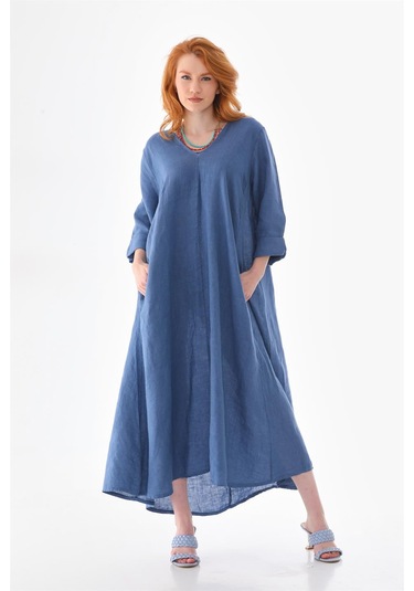 İtalyan V Yaka Uzun Kol Keten Elbise-8907 Petrol Mavisi