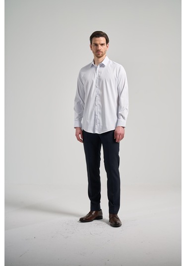 Beyaz Uzun Kol Desen Yarım İtalyan Yaka Cepsiz Esnek Classic Slim Fit Gömlek 1004245220 Beyaz