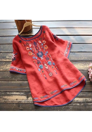 Kırmızı Nakış Pamuk Kadın Gömlek Yaz Ve Bahar Bluz Kadın Giyim İçin Giysi Tops