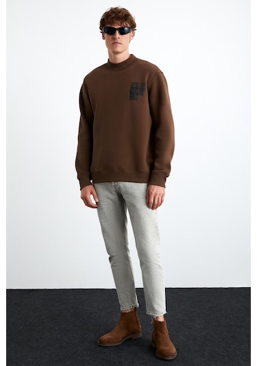 Chasey Erkek Organik Pamuklu Dik Yaka Içi Polarlı Baskılı Acı Kahve Sweatshirt