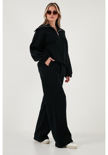 Lela Pamuklu Oversize Fit Yarım Fermuarlı Yaka Uzun Kollu Triko Bayan Takım 68351218 Siyah Lela Pamuklu Oversize Fit Yarım Fermuarlı Yaka Uzun Kollu Triko Bayan Takım 68351218 Siyah