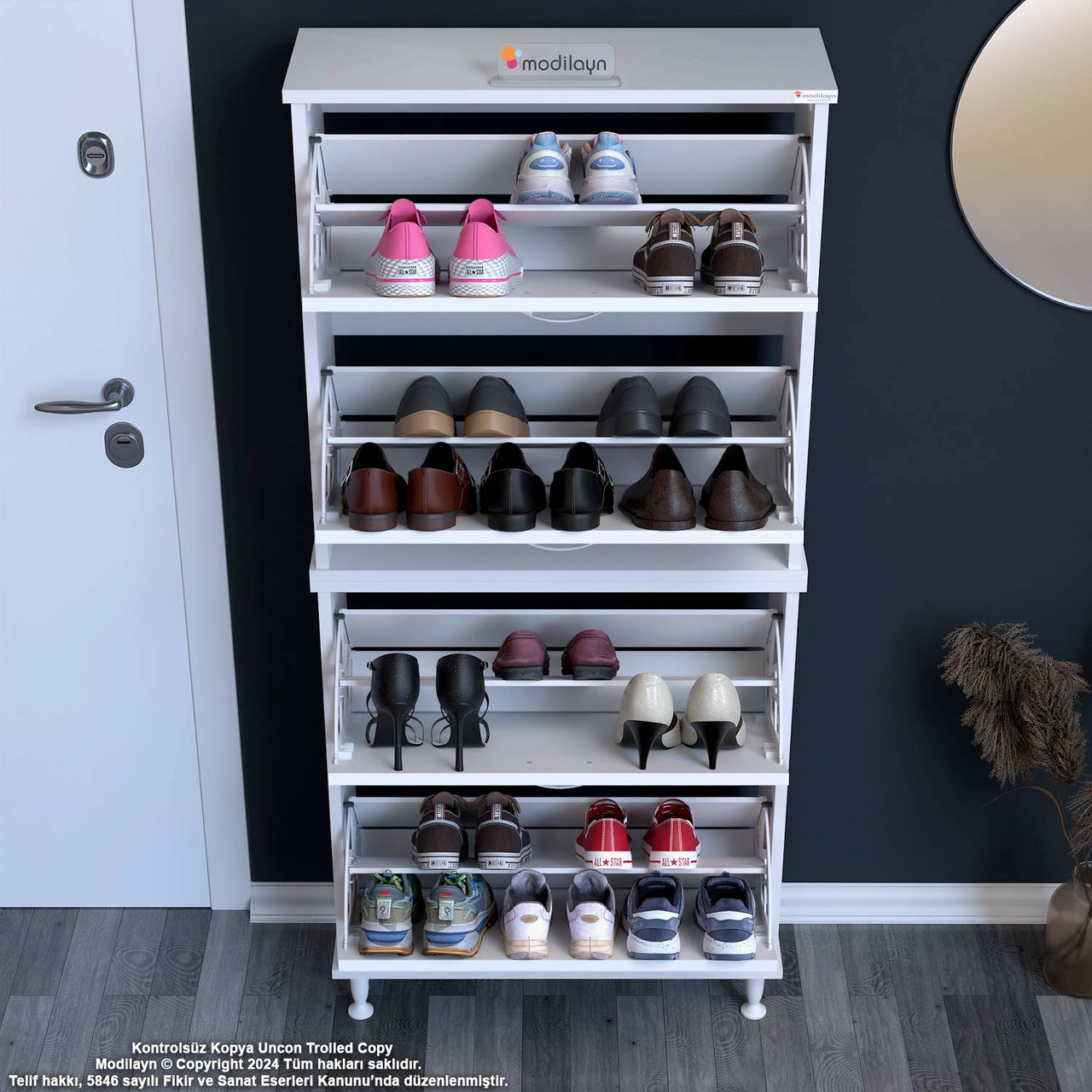 Asaf 2 Li Antre Beyaz Ayakkabılık 4 Düşer Kapak 8 Göz Bölmeli Ayakkabılık 72x160x25,5 Cm Beyaz