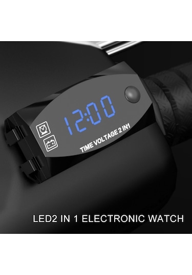 Motosiklet Çok Fonksiyonlu 2'si 1 Arada Dijital Ekran Voltmetre + Elektronik Saat, 6-30v Ip67 Açık Mavi