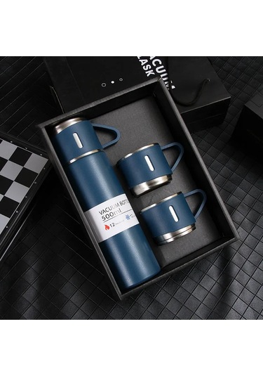 Dekorasyaa Paslanmaz Çelik 3 Bardaklı Termos 500 Ml - Mavi - Çanta Hediyeli - 12 Saat Sıcak Soğuk Mavi