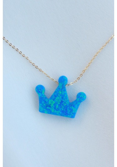 Opal Taşlı Kral Tacı Gold Kolye Mavi