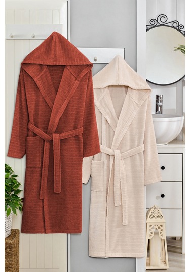 2 Li Kapşonlu Unisex Banyo Bornozu Seti %100 Soft Pamuklu Kiremit-bej