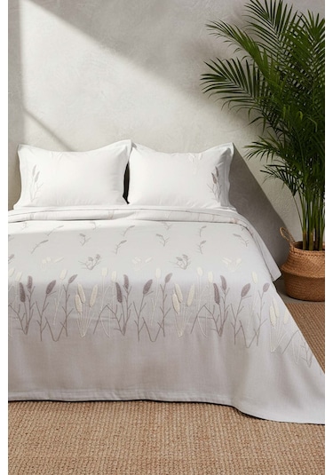 Açık Gri Willow Breeze Desen Çift Kişilik Nakışlı Yatak Örtüsü Seti