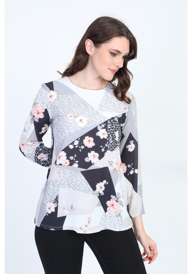 Ella Camelia Kadın Uzun Kollu Çiçek Desenli Bluz 18E081 Gri