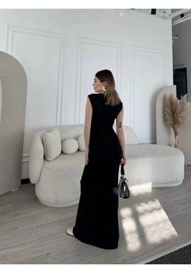 Kolsuz Uzun Likralı Elbise - Siyah Siyah