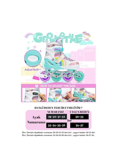 Unicorn Işıklı Silikon Teker Çocuk Pateni - Turkuaz - Gökkuşağı Turkuaz