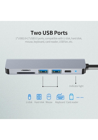 6'sı 1 Arada Çok Fonksiyonlu Tip-c Hub Alüminyum Alaşımlı Tip-c Dönüştürücü, Hd Usb2.0 Usb3.0 Pd Bağlantı Noktaları Tf