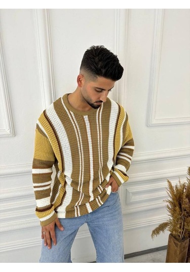 Kazak Oversize Renkli Örgü Desenli Naturel Pamuk Bol Kesim Salaş Triko Kazak Hardal