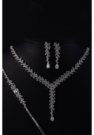 Gümüş Pazarım Pırlanta Montür 4 Tırnaklı Su Yolu 925 Ayar Gümüş Dügün Set Gümüş