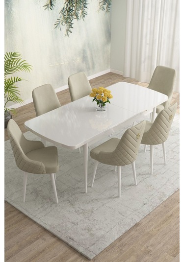 Meri Serisi Beyaz 80x132 Açılabilir Mdf Masa Yemek Odası Takımı, Mutfak Masa Takımı 6 Adet Sandalye Krem Meri Serisi Beyaz 80x132 Açılabilir Mdf Masa Yemek Odası Takımı, Mutfak Masa Takımı 6 Adet Sandalye Krem