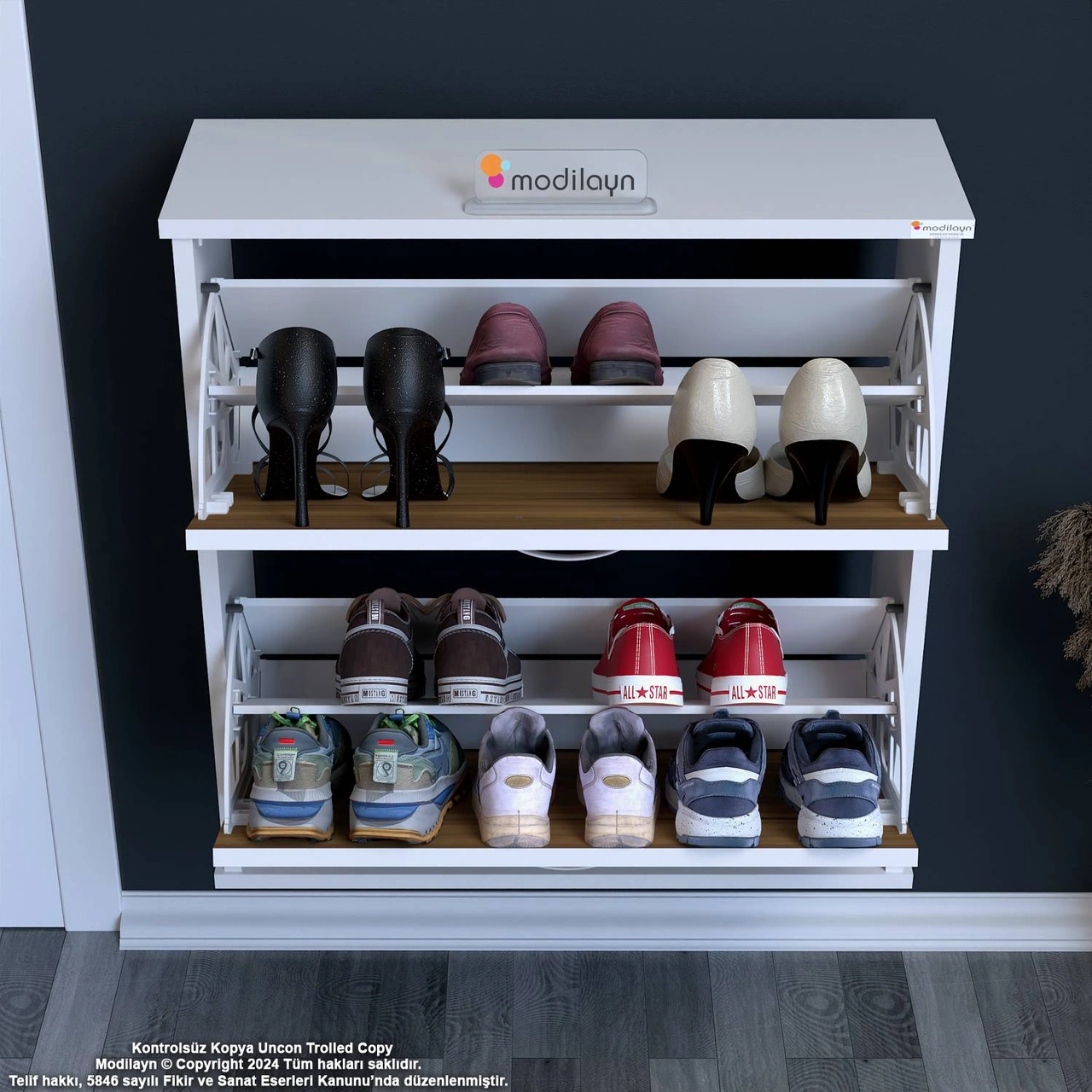 Asaf Ceviz Renk 72 Cm Asma Ayakkabılık Antre 2 Düşer Kapak 4 Göz Raf Ayakkabılık 72x74x25,5 Cm Ceviz