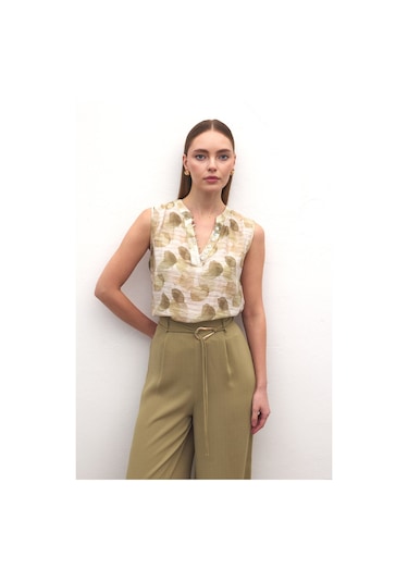 Sateen Kolsuz V Yaka Bluz - Haki-137193 haki