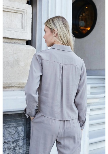 Kadın Likrasız Modal Kumaş Uzun Kol Hafif Kısa Gömlek-Duman Duman