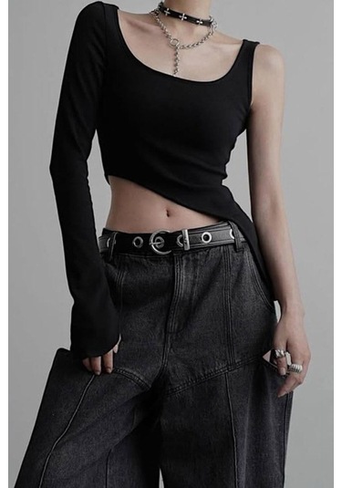 Siyah Kare Yaka Tek Gotik Y2k Kollu Crop-18346 Siyah