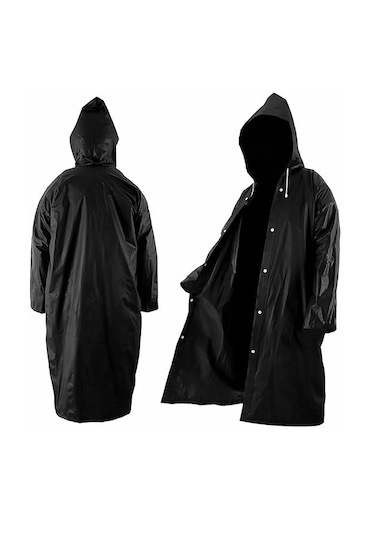 Su Geçirmez Eva Kumaş Yağmurluk Siyah Kapşonlu Çıtçıtlı Yağmurluk Siyah