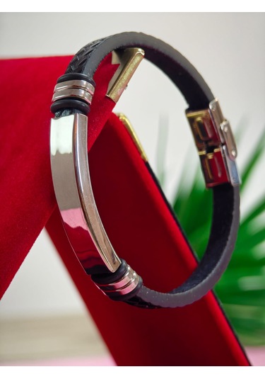 Çelik Derili Bileklik Kişiye Özel İsimli Paslanmaz Derili Çelik İsimli Bileklik 316 L Çelik Altın - Çelik