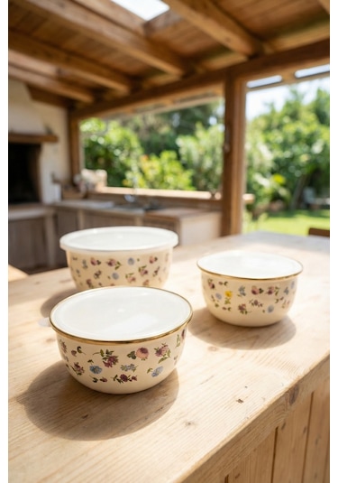 Acar Petit Fleur Emaye 3 Lü Saklama & Karıştırma Kabı Krem
