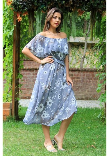 Neşeli Butik Kadın Gri Bağlama Detaylı Madonna Yaka Şifon Elbise Nb100371 Gri