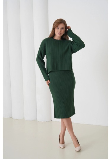 Kadın Bisiklet Yaka Dokulu Kazak Elbise İkili Triko Takım