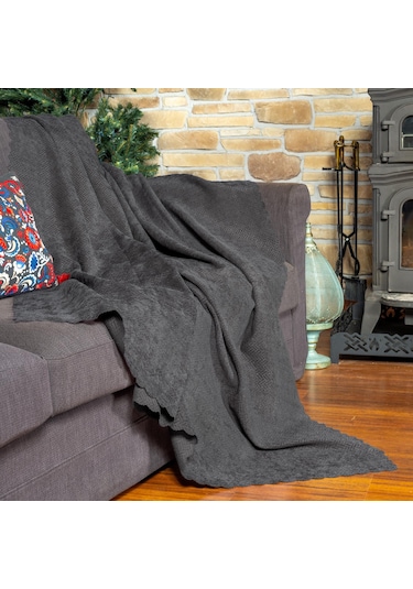 Jakarlı Şönil Koltuk Örtüsü Çekyat Örtüsü Koltuk Şalı 175x350 Kaymaz Gri Gri