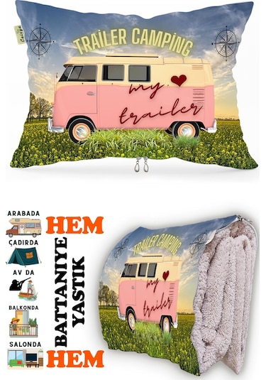 Karavan Camping-2 Baskılı Tv Battaniyeli Opsiyonel Dekoratif Hediye Yastık Battaniye 2in1 Gifts-2 Çok Renkli